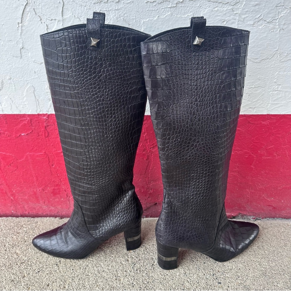 Stuart Weitzman Mid Calf Heeled Boots Croc Leather Studded Women 10.5 - Picture 1 of 8